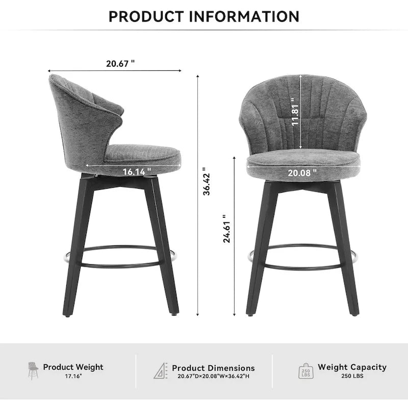 Tabouret de bar pivotant à hauteur de comptoir de 25 pouces avec dossier ailé et revêtement en chenille
