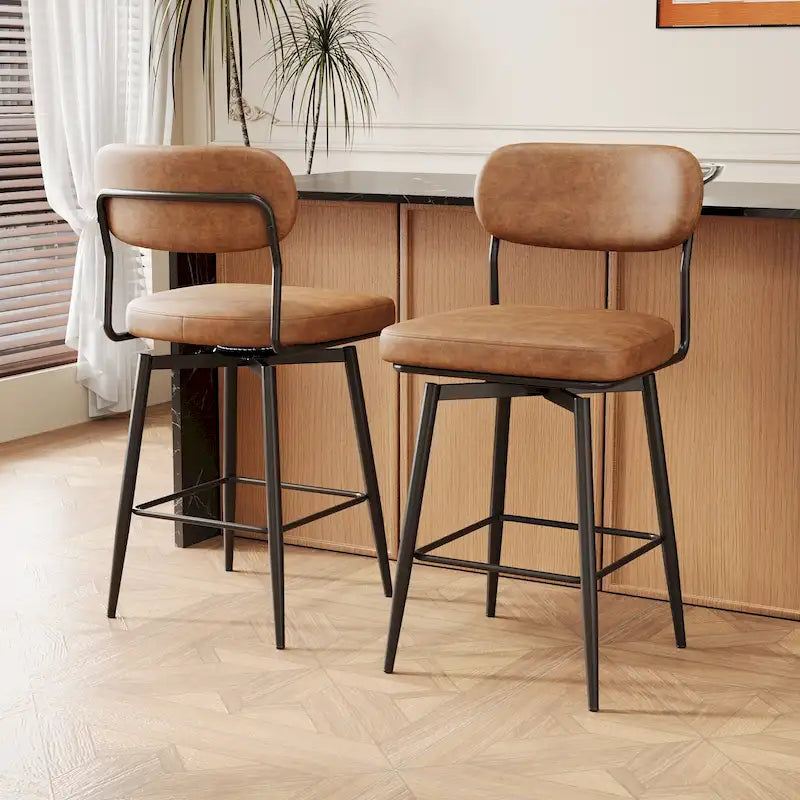 Tabouret de bar à hauteur de comptoir pivotant à 360°, en cuir, avec base en fer