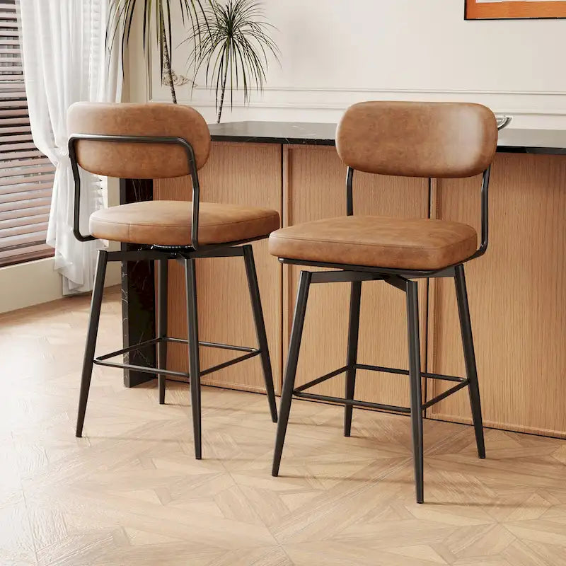Tabouret de bar à hauteur de comptoir pivotant à 360°, en cuir, avec base en fer