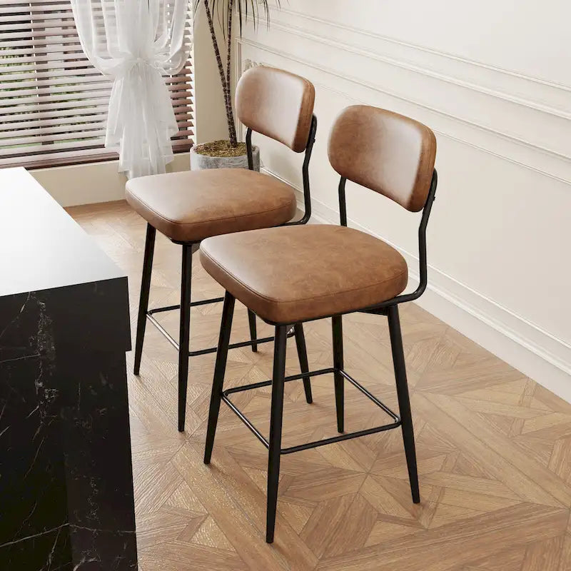 Tabouret de bar à hauteur de comptoir pivotant à 360°, en cuir, avec base en fer