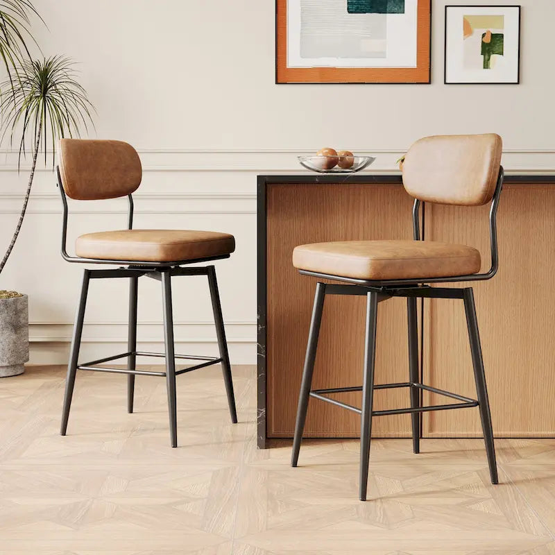 Tabouret de bar à hauteur de comptoir pivotant à 360°, en cuir, avec base en fer
