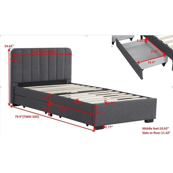 Lit double rembourré avec tiroirs de rangement et ports USB