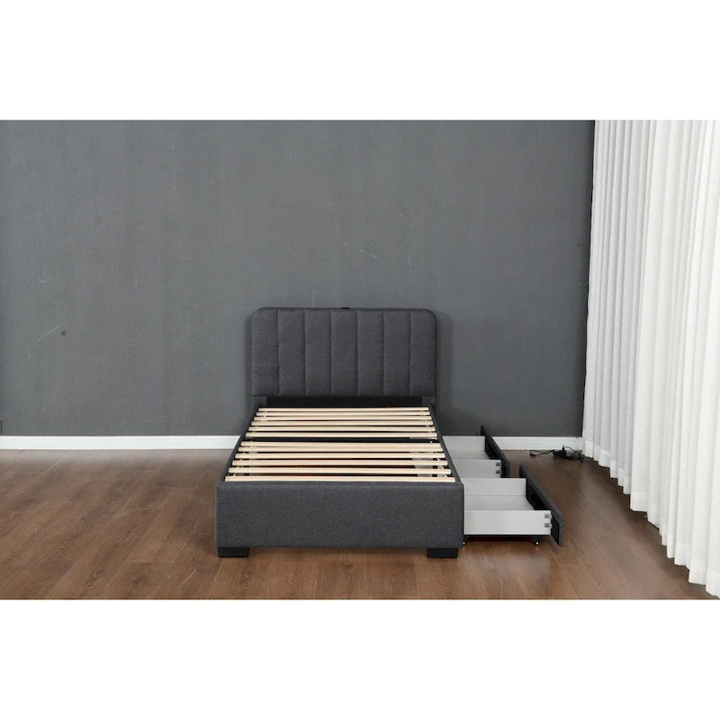 Lit double rembourré avec tiroirs de rangement et ports USB