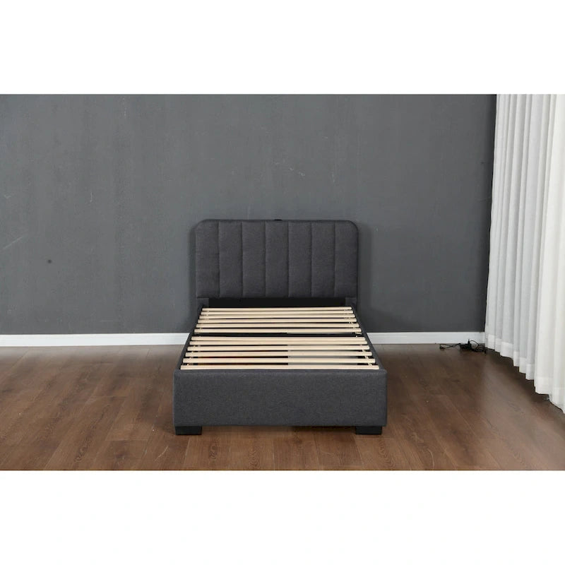 Lit double rembourré avec tiroirs de rangement et ports USB