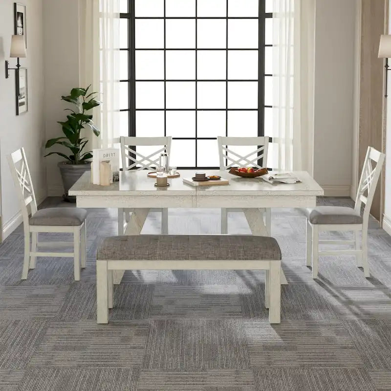 Table de salle à manger rectangulaire extensible en bois massif avec banc