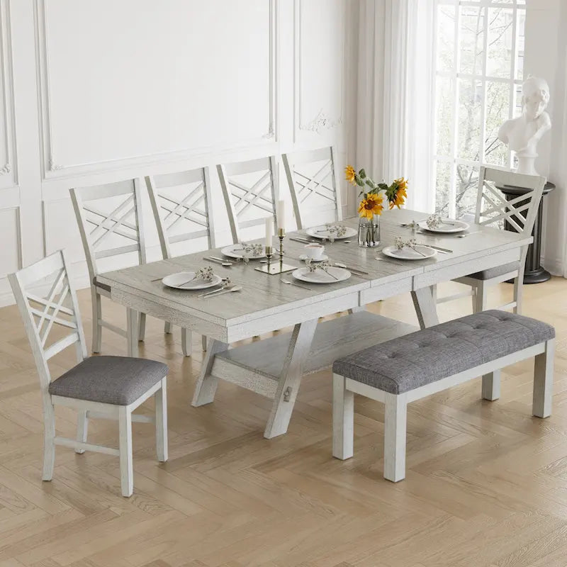 Table de salle à manger rectangulaire extensible en bois massif avec banc