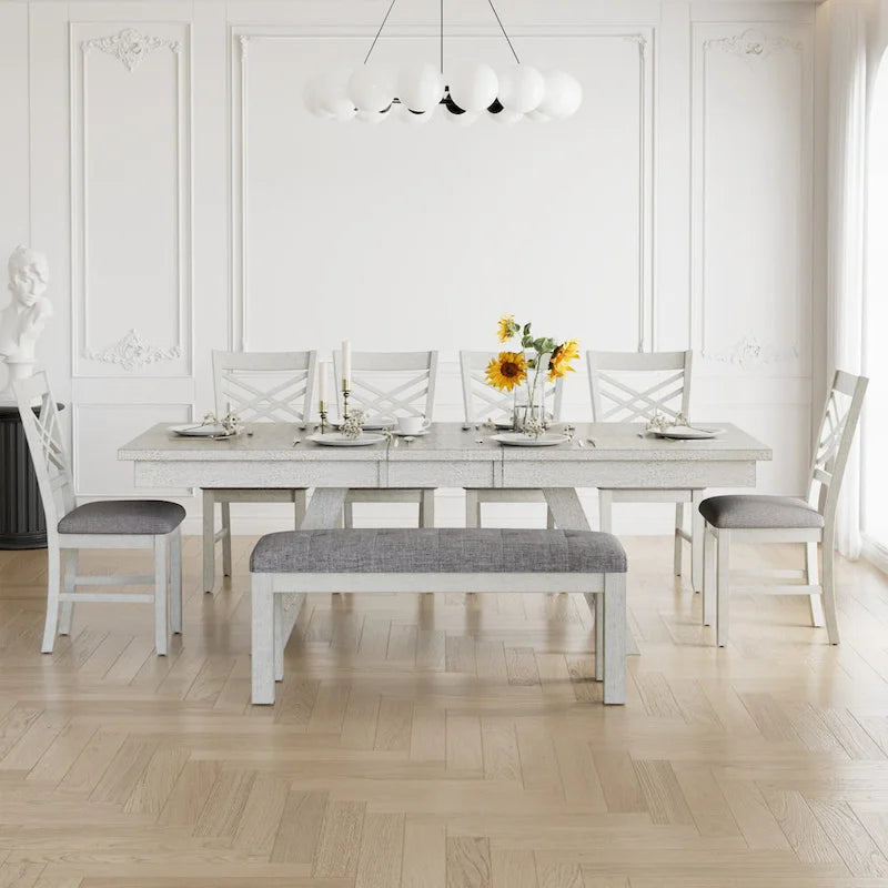 Table de salle à manger rectangulaire extensible en bois massif avec banc