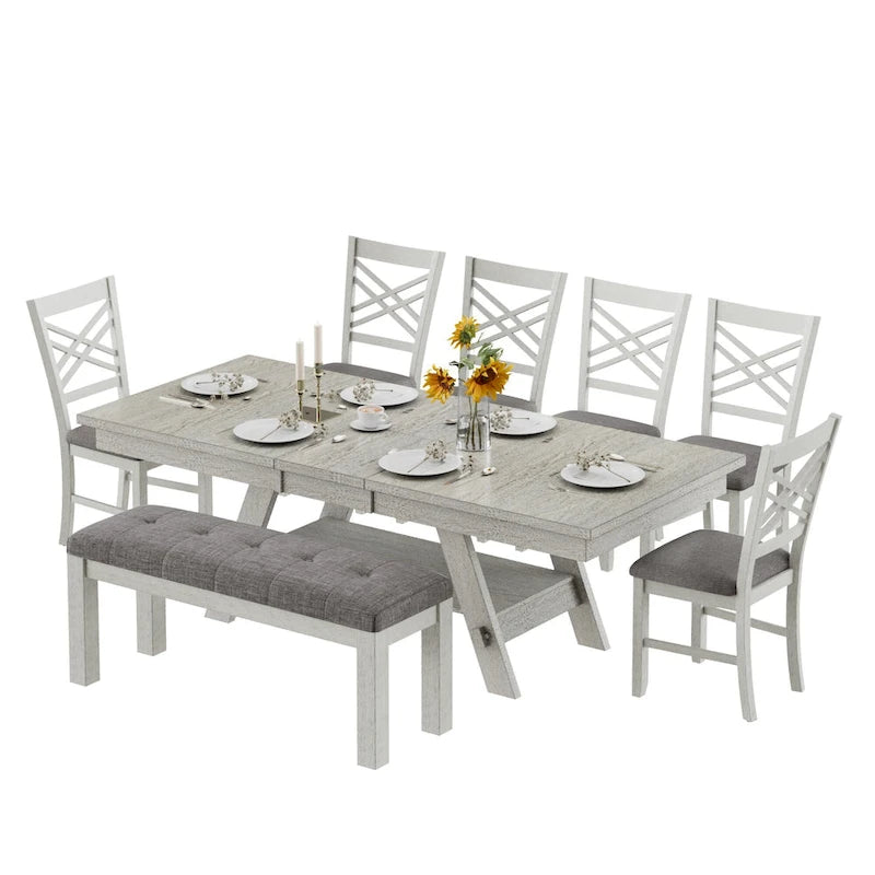 Table de salle à manger rectangulaire extensible en bois massif avec banc