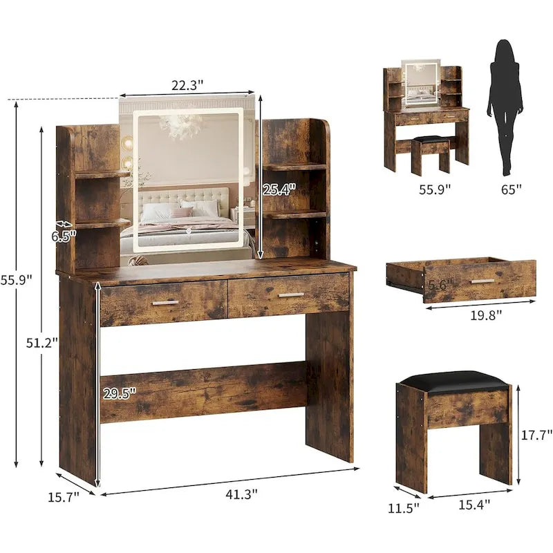 Coiffeuse de maquillage avec miroir, lumières et tabouret