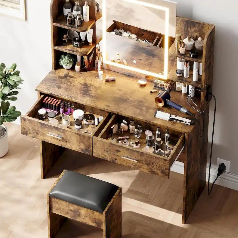 Coiffeuse de maquillage avec miroir, lumières et tabouret
