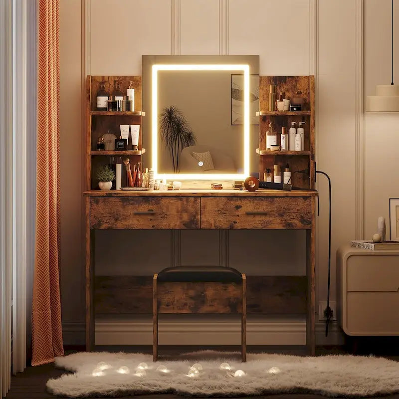 Coiffeuse de maquillage avec miroir, lumières et tabouret