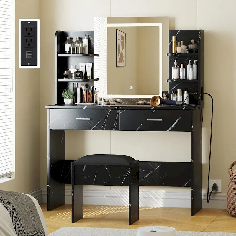 Coiffeuse de maquillage avec miroir, lumières et tabouret