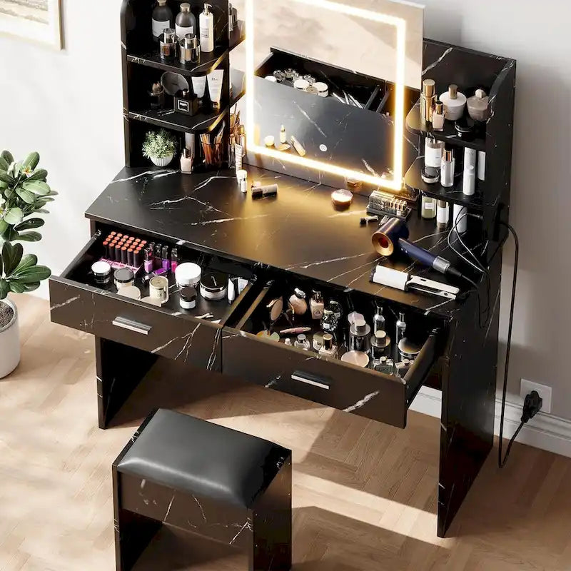 Coiffeuse de maquillage avec miroir, lumières et tabouret