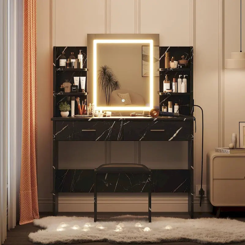 Coiffeuse de maquillage avec miroir, lumières et tabouret