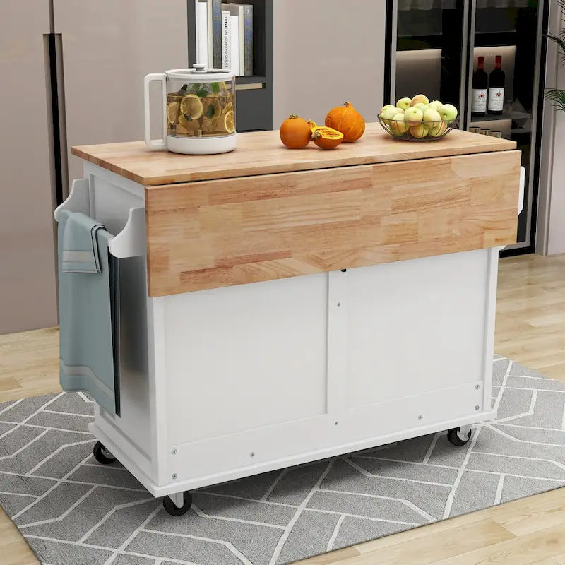 Chariot de cuisine avec plan de travail rabattable en bois d'hévéa (tabouret non inclus)
