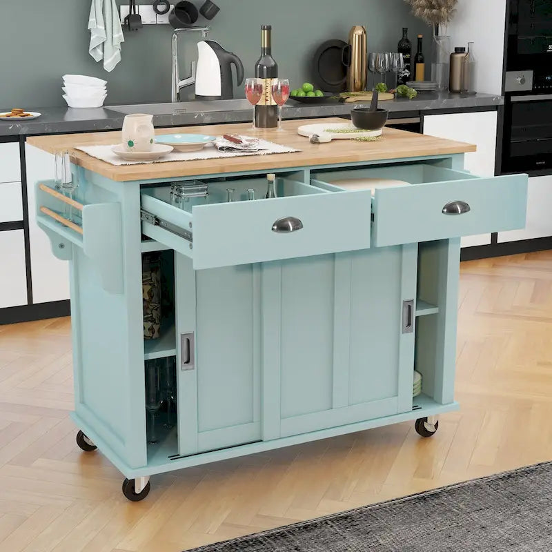 Chariot de cuisine avec plan de travail rabattable en bois d'hévéa (tabouret non inclus)