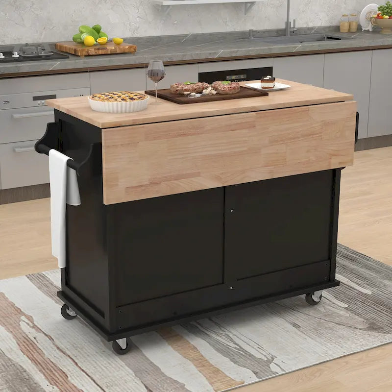 Chariot de cuisine avec plan de travail rabattable en bois d'hévéa (tabouret non inclus)