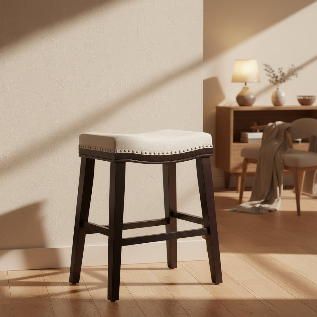 Tabouret de comptoir contemporain rembourré en forme de selle avec garniture cloutée
