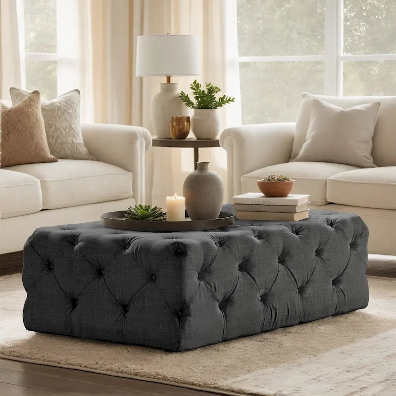 Pouffe rectangulaire capitonné sur roulettes