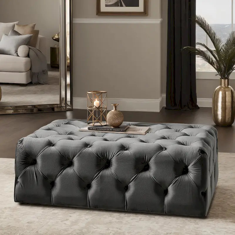 Pouffe rectangulaire capitonné sur roulettes