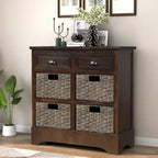 Meuble de rangement 2 tiroirs en bois avec 4 paniers en rotin, 28 po