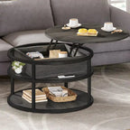 Table basse ronde relevable avec rangement dissimulé et étagère