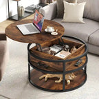Table basse ronde relevable avec rangement dissimulé et étagère