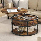Table basse ronde relevable avec rangement dissimulé et étagère