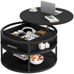Table basse ronde relevable avec rangement dissimulé et étagère