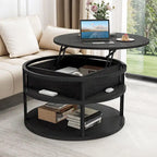 Table basse ronde relevable avec rangement dissimulé et étagère