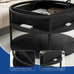 Table basse ronde relevable avec rangement dissimulé et étagère