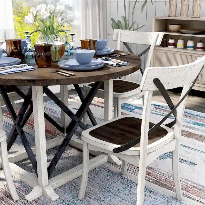 Table à manger en bois d'hévéa blanc antique style ferme