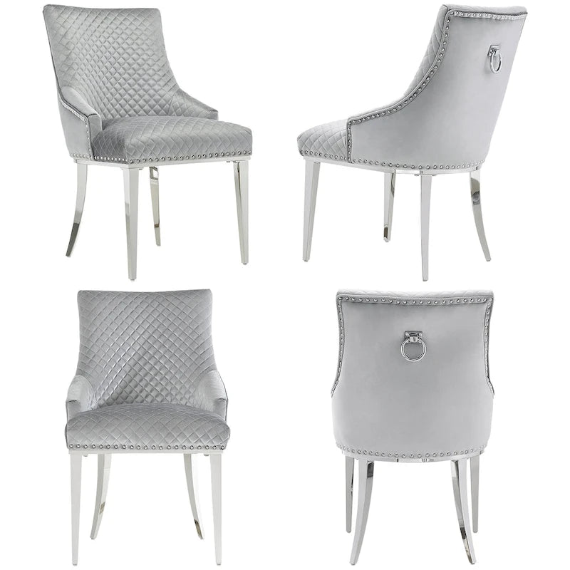 Chaises de salle à manger modernes en velours gris clair avec pieds en argent miroir
