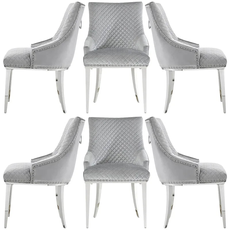 Chaises de salle à manger modernes en velours gris clair avec pieds en argent miroir
