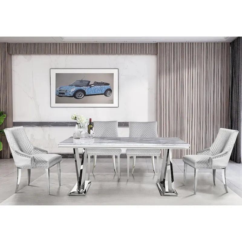 Chaises de salle à manger modernes en velours gris clair avec pieds en argent miroir