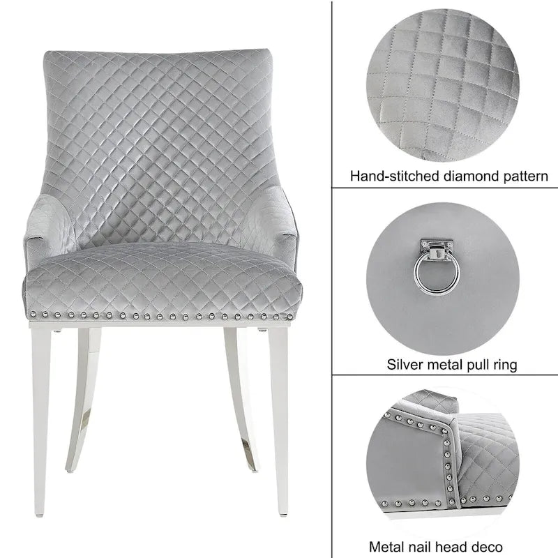 Chaises de salle à manger modernes en velours gris clair avec pieds en argent miroir