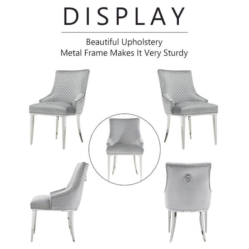 Chaises de salle à manger modernes en velours gris clair avec pieds en argent miroir