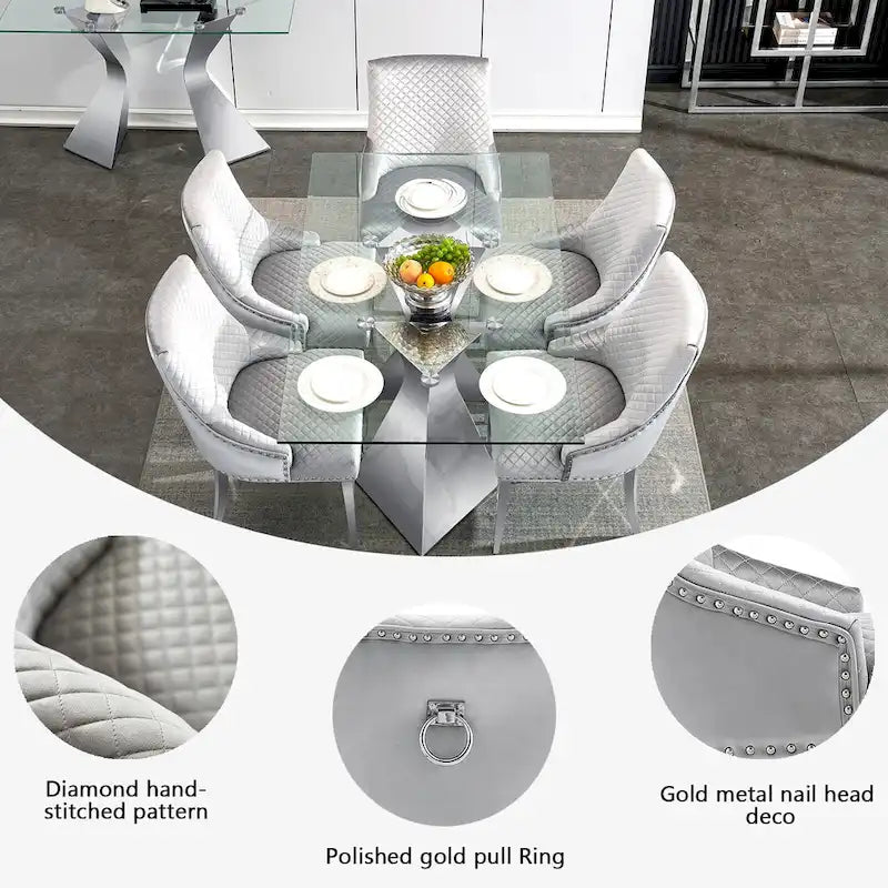 Chaises de salle à manger modernes en velours gris clair avec pieds en argent miroir