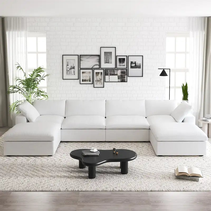 Canapé d'angle rembourré en duvet en forme de U de 160 cm, 4 places avec 2 poufs