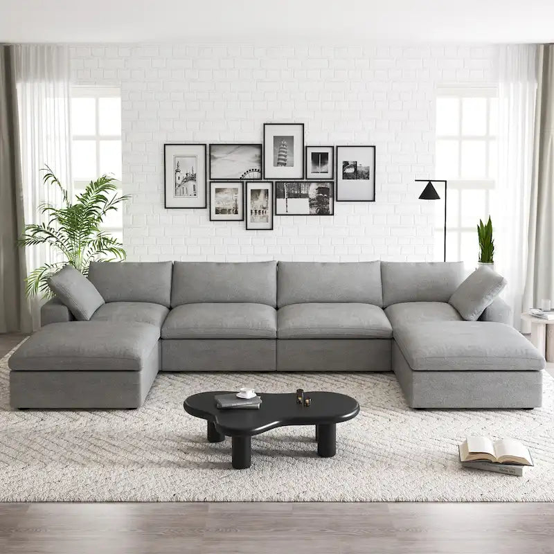 Canapé d'angle rembourré en duvet en forme de U de 160 cm, 4 places avec 2 poufs
