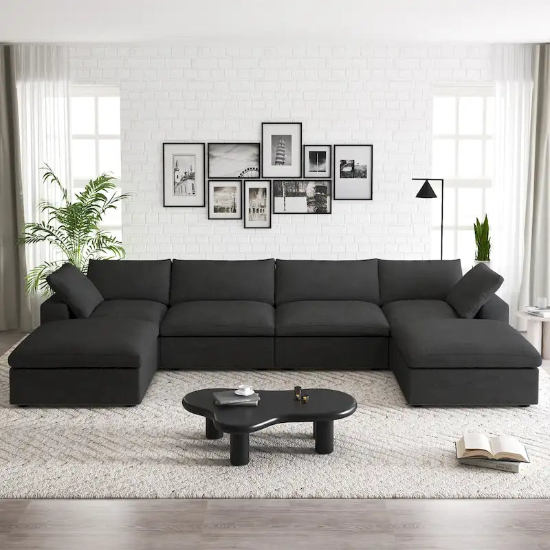 Canapé d'angle rembourré en duvet en forme de U de 160 cm, 4 places avec 2 poufs