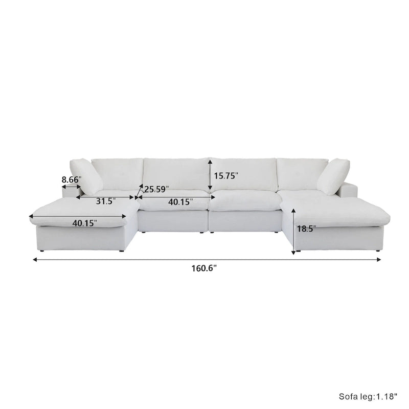 Canapé d'angle rembourré en duvet en forme de U de 160 cm, 4 places avec 2 poufs