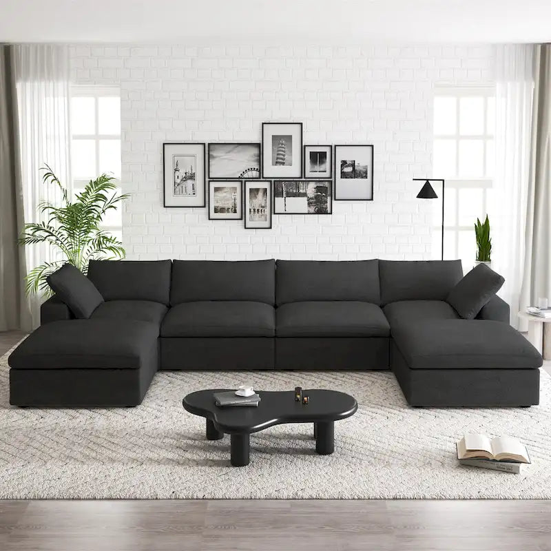 Canapé d'angle rembourré en duvet en forme de U de 160 cm, 4 places avec 2 poufs