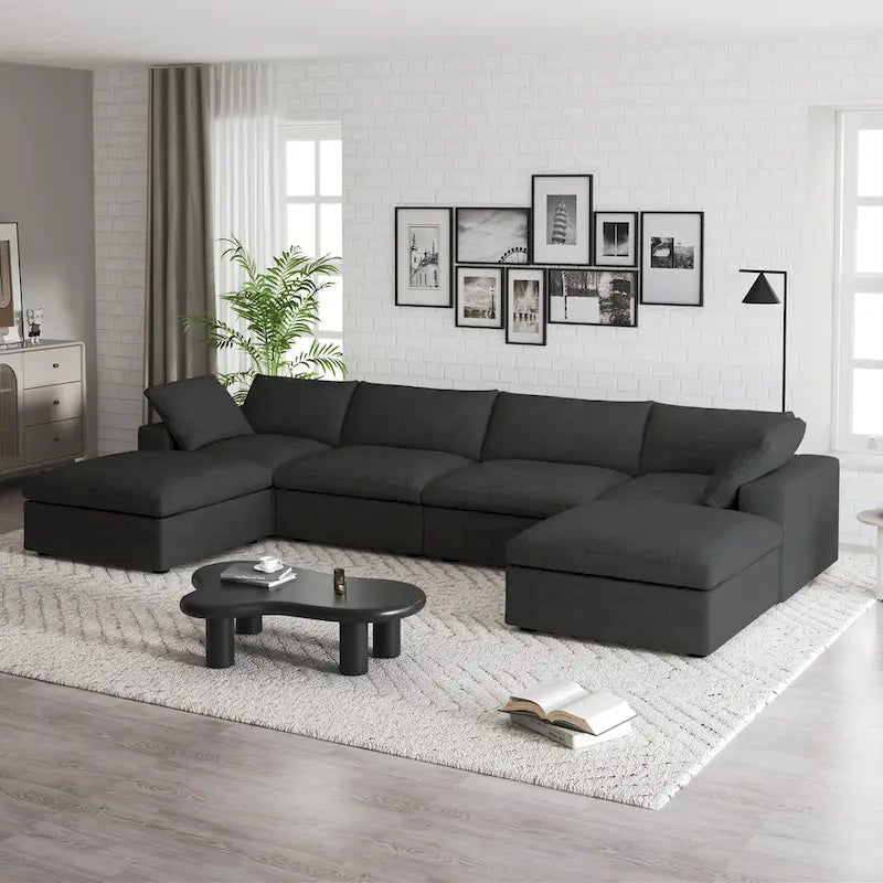 Canapé d'angle rembourré en duvet en forme de U de 160 cm, 4 places avec 2 poufs