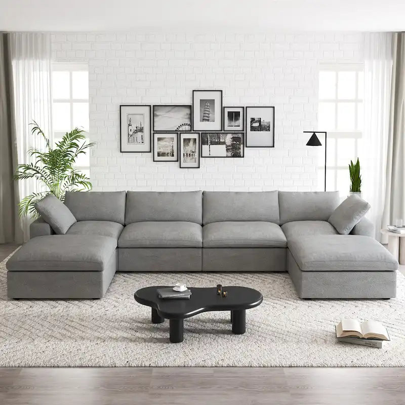 Canapé d'angle rembourré en duvet en forme de U de 160 cm, 4 places avec 2 poufs