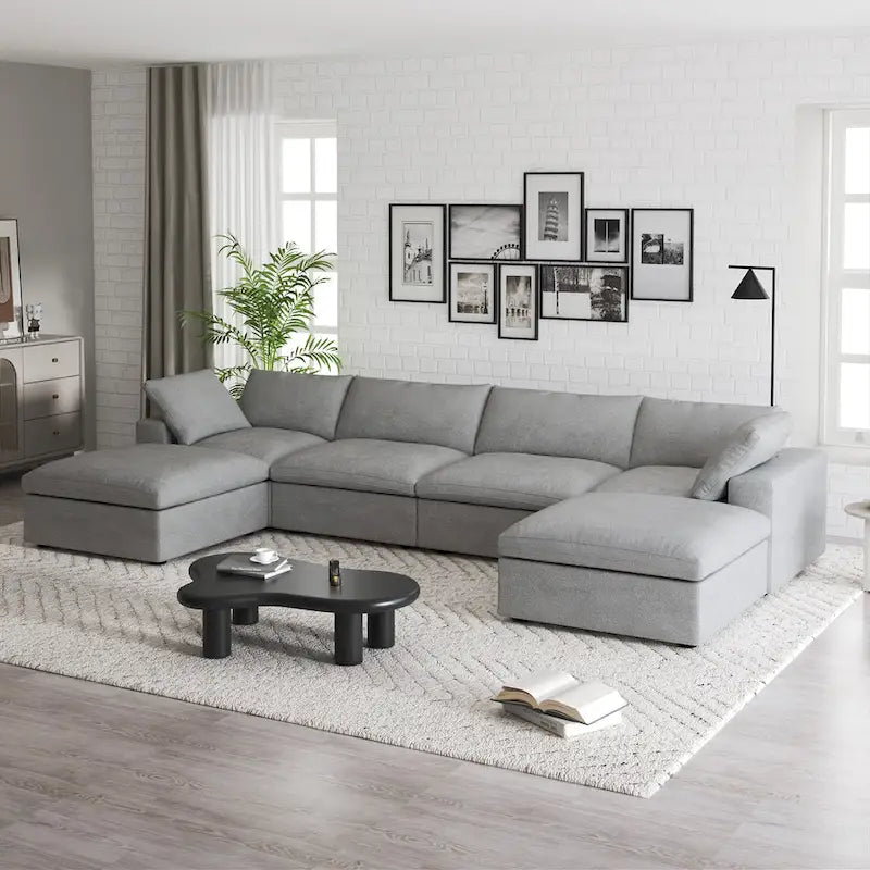Canapé d'angle rembourré en duvet en forme de U de 160 cm, 4 places avec 2 poufs