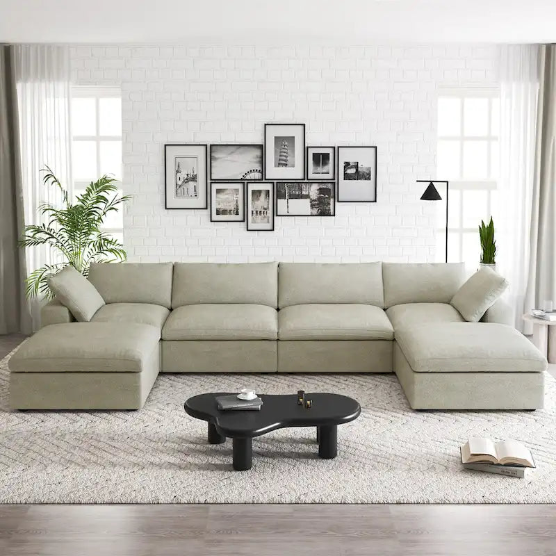 Canapé d'angle rembourré en duvet en forme de U de 160 cm, 4 places avec 2 poufs