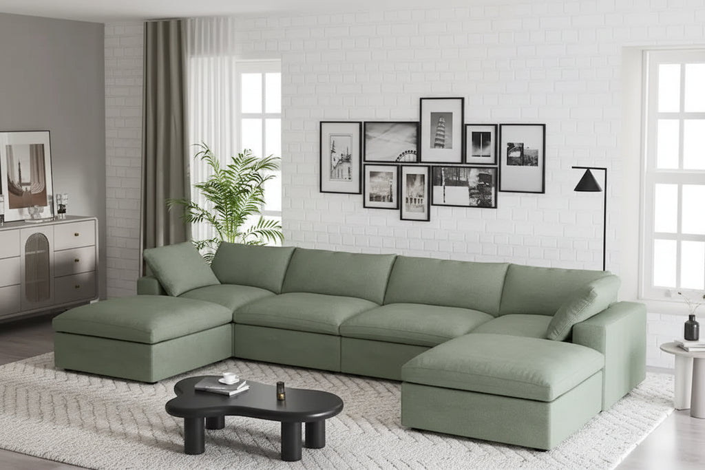 Canapé d'angle rembourré en duvet en forme de U de 160 cm, 4 places avec 2 poufs
