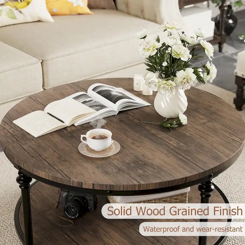 Table basse ronde en bois de 77 cm, avec étagère de rangement, pieds en métal