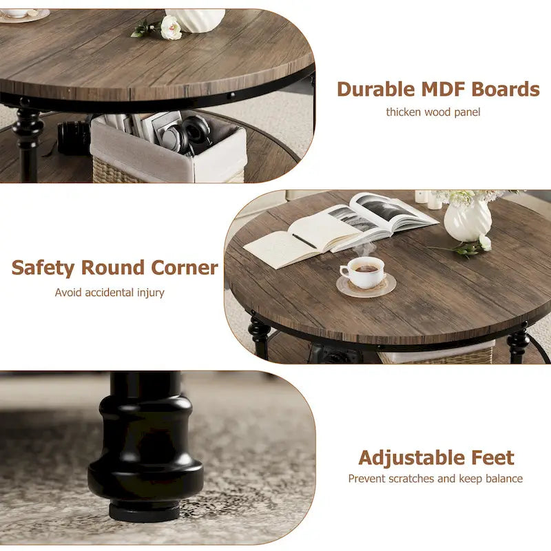 Table basse ronde en bois de 77 cm, avec étagère de rangement, pieds en métal